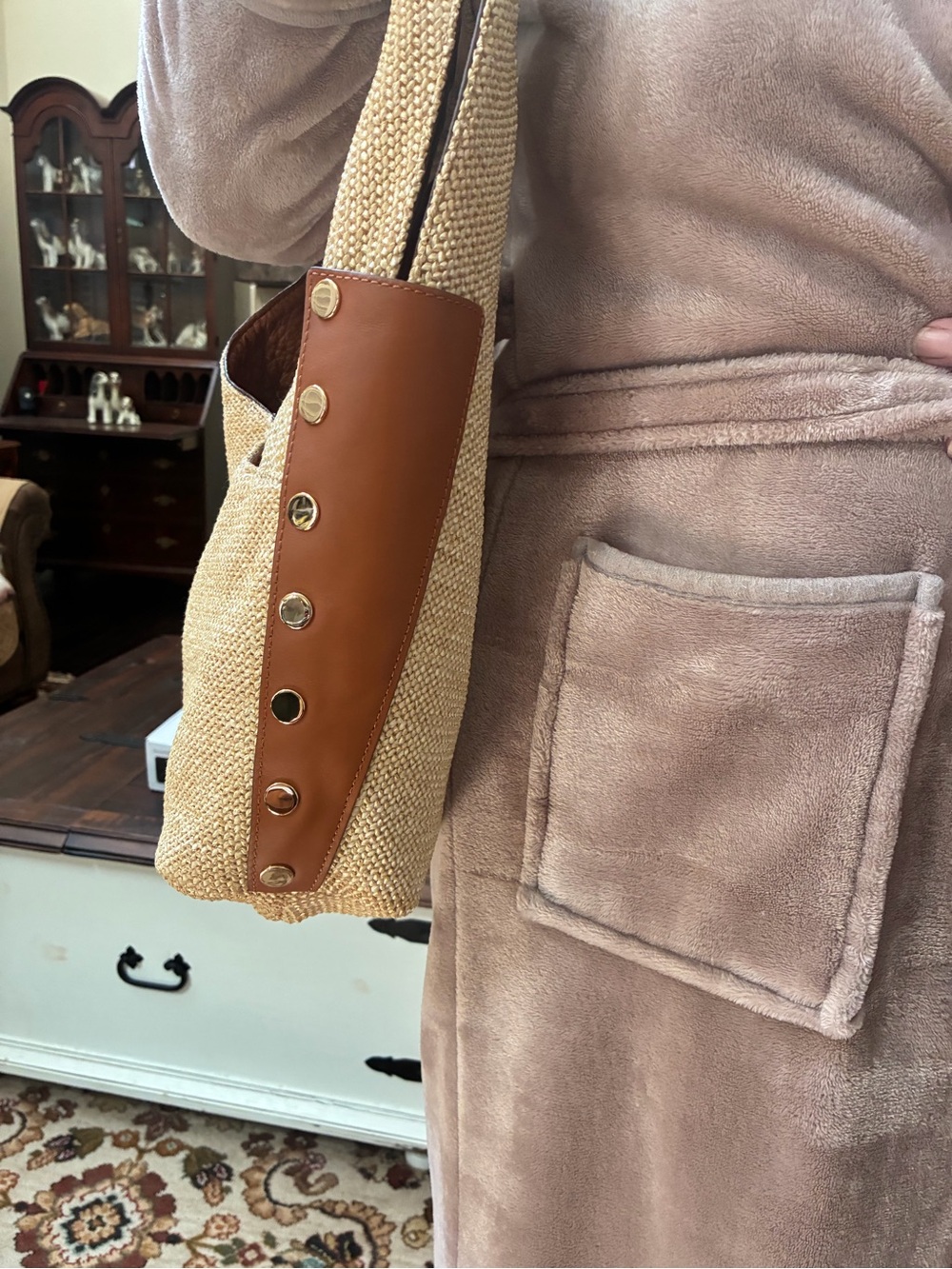 Hammitt Woven Straw Shoulder Bag in Tan with Brown Leather Trim - Picture 3 of 11